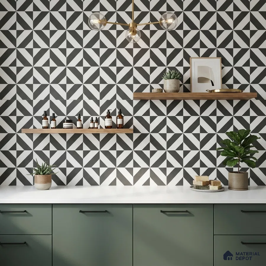 Modern kitchen with sage green laminate cabinets, geometric black-and-white wall tiles, and white quartz countertop