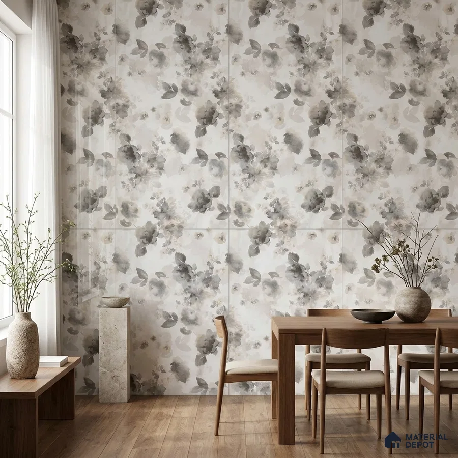 Scandinavian dining room with floral tile and natural wood furniture