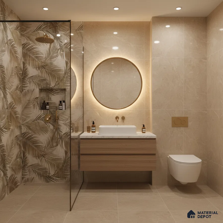 Modern bathroom with beige marble-look tiles, tropical highlighter wall tile, and floating wood vanity