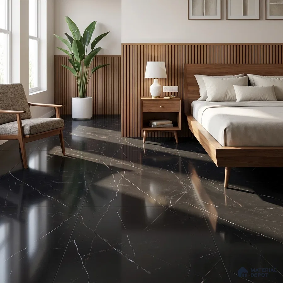 Mid-century Modern Bedroom with Glossy Black Marble-Look Floor Tile