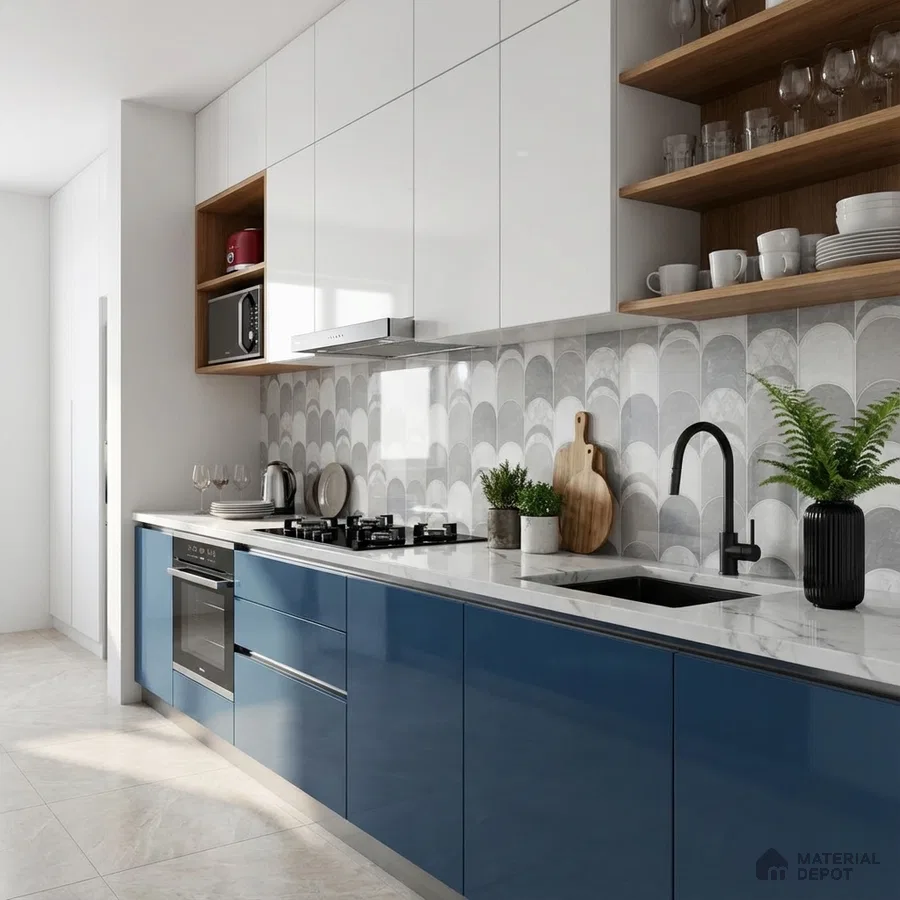 Modern kitchen with blue high gloss laminate, white marble-look countertop, and grey scallop backsplash tiles