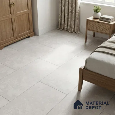 Minimalist Bedroom with Light Grey Cement-Look Floor Tile