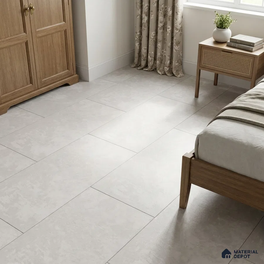 Minimalist Bedroom with Light Grey Cement-Look Floor Tile