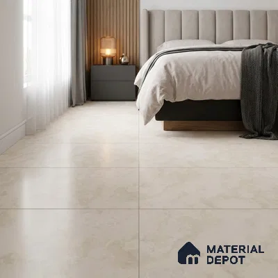 Modern Bedroom with Cream Marble-Look Floor Tile