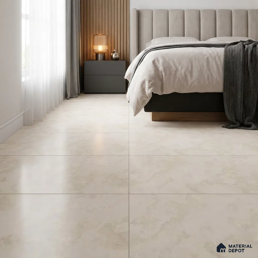Modern Bedroom with Cream Marble-Look Floor Tile