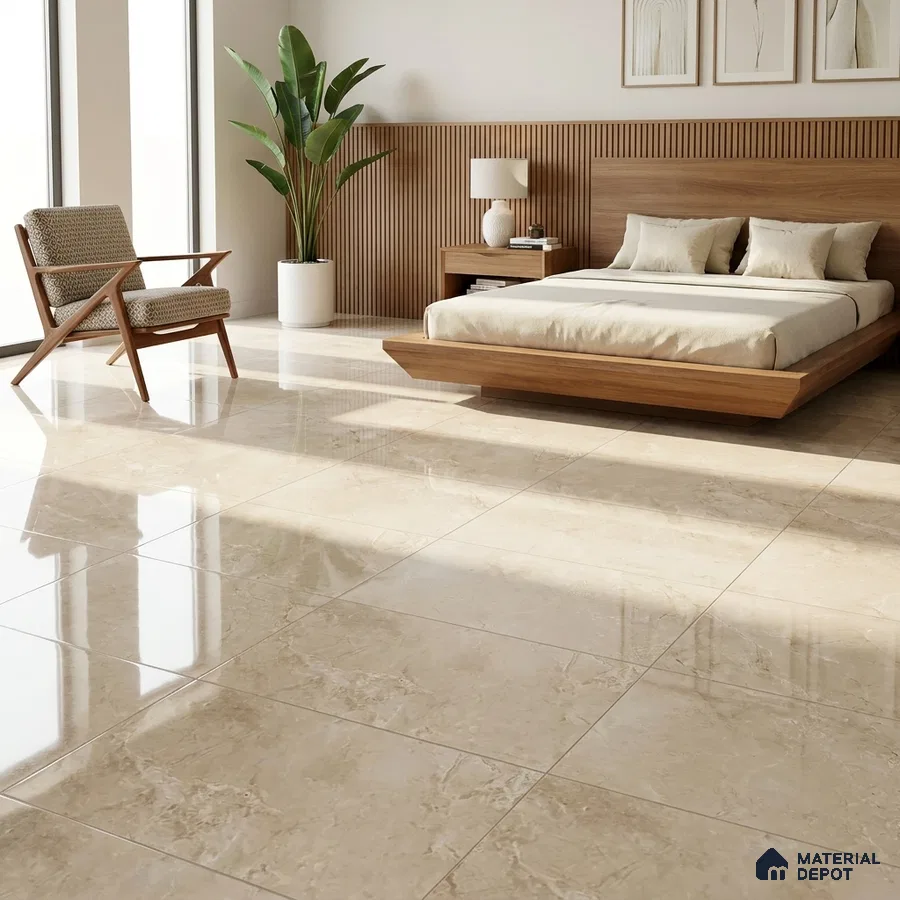 Mid-century Modern Bedroom with Glossy Beige Marble-Look Floor Tile