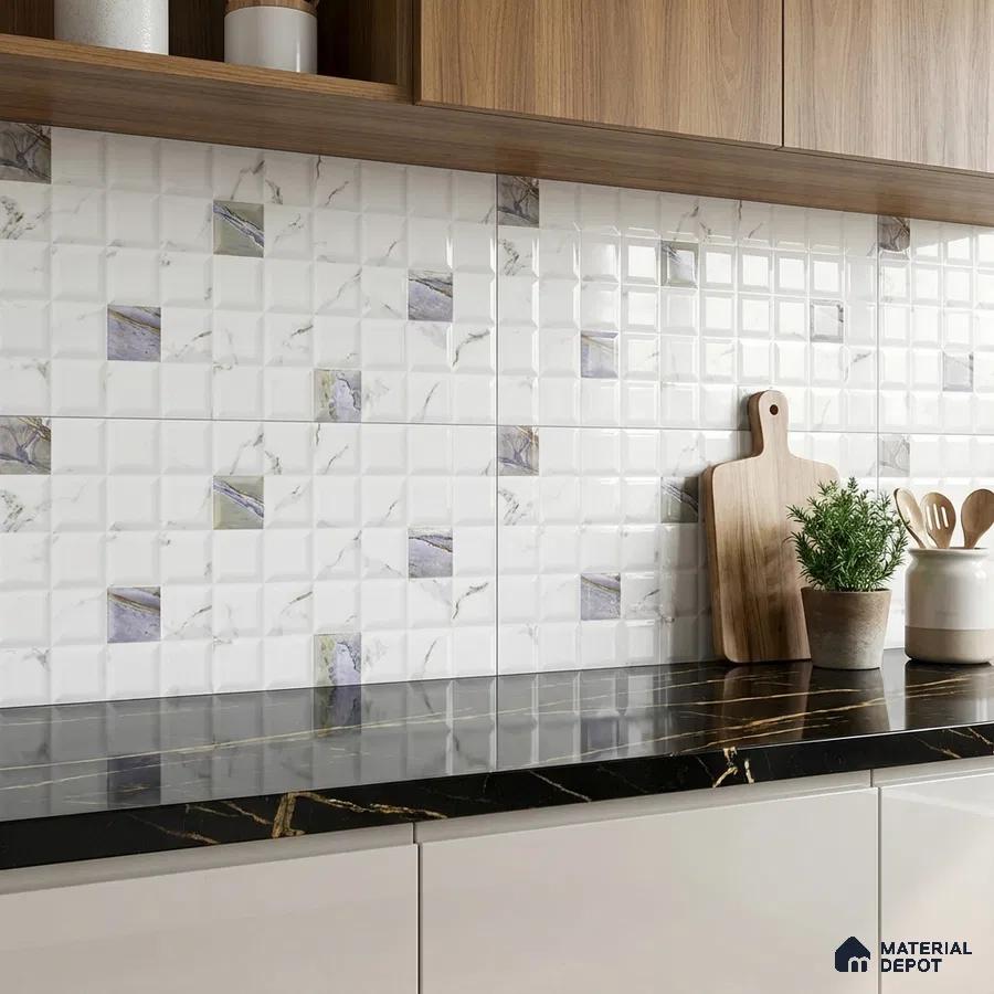 Modern kitchen with marble-look geometric backsplash tile and black marble countertop