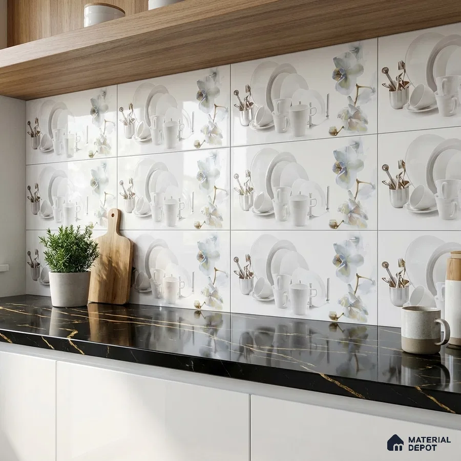 Modern kitchen with floral patterned backsplash tile and black marble countertop