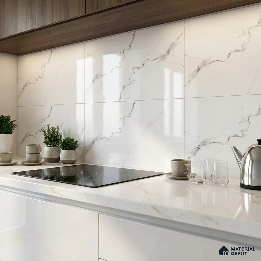 Modern kitchen with white marble-look backsplash tile, white marble countertop, and walnut wood laminate cabinets