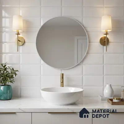 Modern bathroom with glossy white subway wall tiles and marble-look countertop
