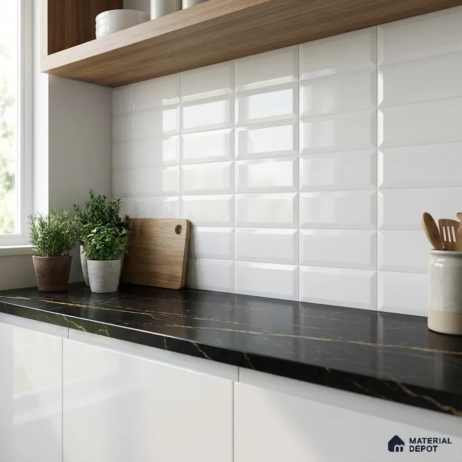 Modern kitchen with white beveled subway tile backsplash and black marble countertop