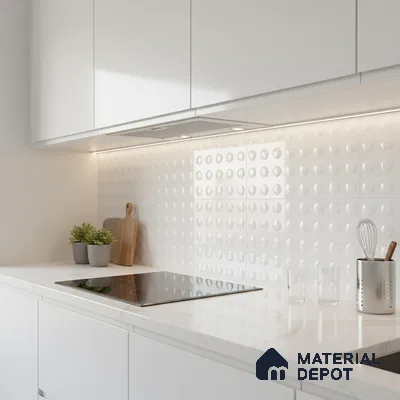 Minimalist kitchen with frosty white laminate cabinets, white marble-look quartz countertop, and 3D geometric white backsplash tile