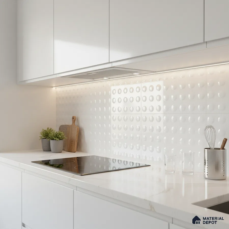 Minimalist kitchen with frosty white laminate cabinets, white marble-look quartz countertop, and 3D geometric white backsplash tile