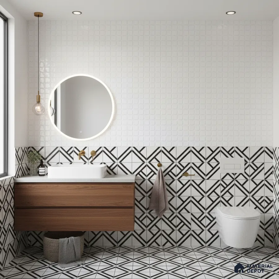Modern kitchen with 3D white geometric wall tiles and black marble countertop