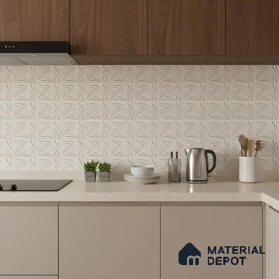 Modern kitchen with walnut wood laminate, beige solid color laminate, and geometric patterned backsplash tile