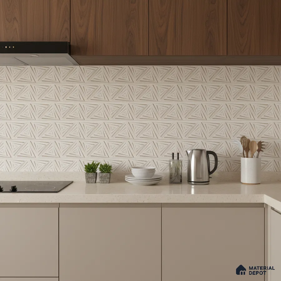 Modern kitchen with walnut wood laminate, beige solid color laminate, and geometric patterned backsplash tile