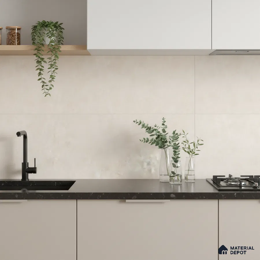 Minimalist kitchen with matte beige laminate cabinets, black quartz countertop, and off-white stone look backsplash tile