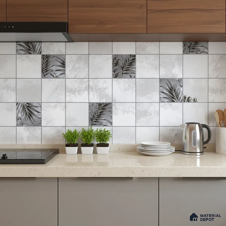 Modern kitchen with beige quartz countertop, grey cabinets, and botanical patterned backsplash tiles