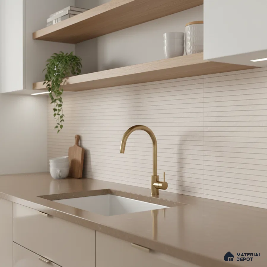 Minimalist kitchen with beige quartz countertop, light wood open shelves, and linear beige backsplash tile