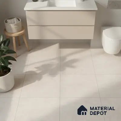 Minimalist bathroom with beige matte vanity, white quartz countertop, and ivory stone-look floor tiles