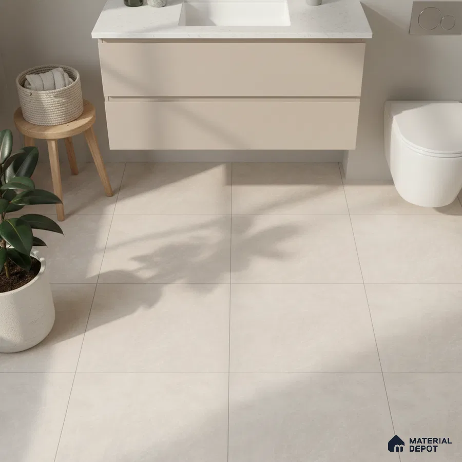 Minimalist bathroom with beige matte vanity, white quartz countertop, and ivory stone-look floor tiles