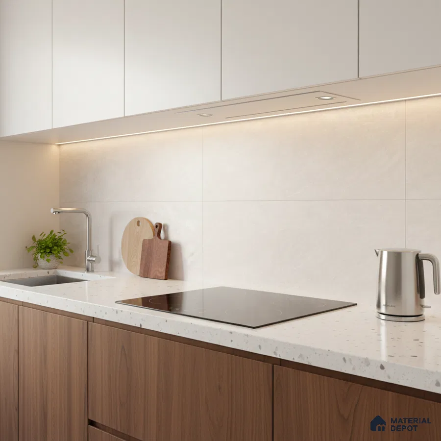 Minimalist kitchen with walnut wood laminate base cabinets, frosty white laminate wall cabinets, and white quartz countertop