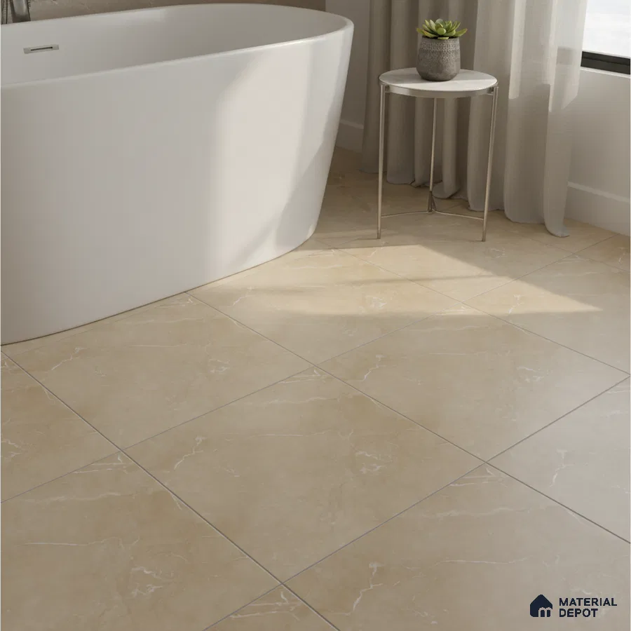Minimalist bathroom with beige marble-look floor tiles and freestanding tub