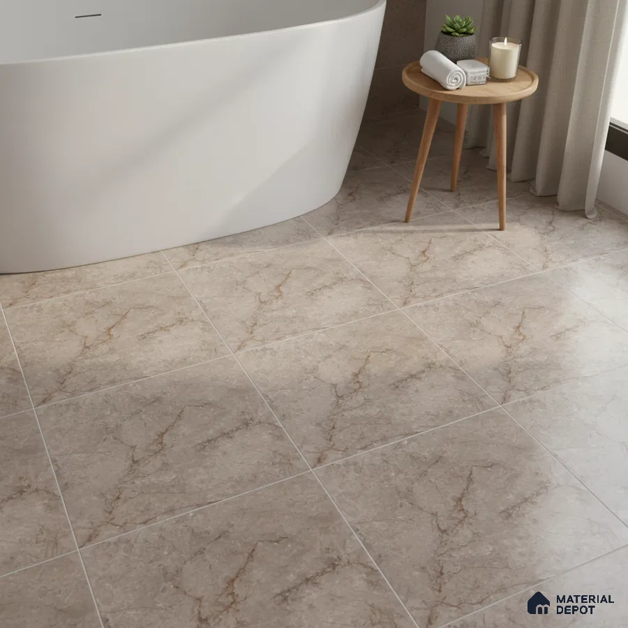 Modern bathroom with beige marble-look floor tiles and freestanding tub