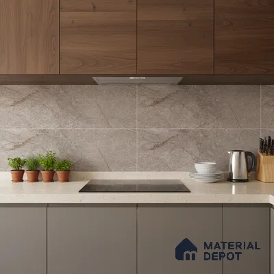 Modern kitchen with walnut wood laminate, taupe marble-look backsplash tile, and beige quartz countertop
