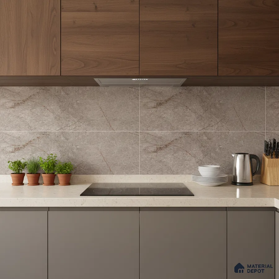 Modern kitchen with walnut wood laminate, taupe marble-look backsplash tile, and beige quartz countertop