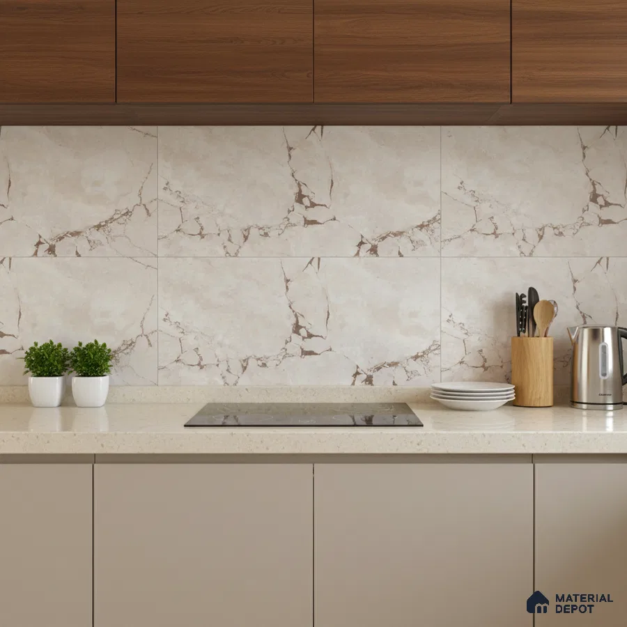 Modern kitchen with beige marble-look backsplash tile, taupe laminate cabinets, and walnut wood laminate overheads