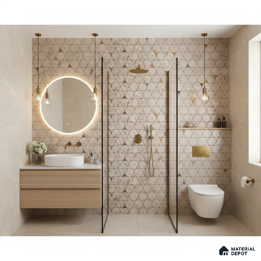 Scandinavian bathroom with geometric beige wall tiles and light wood vanity