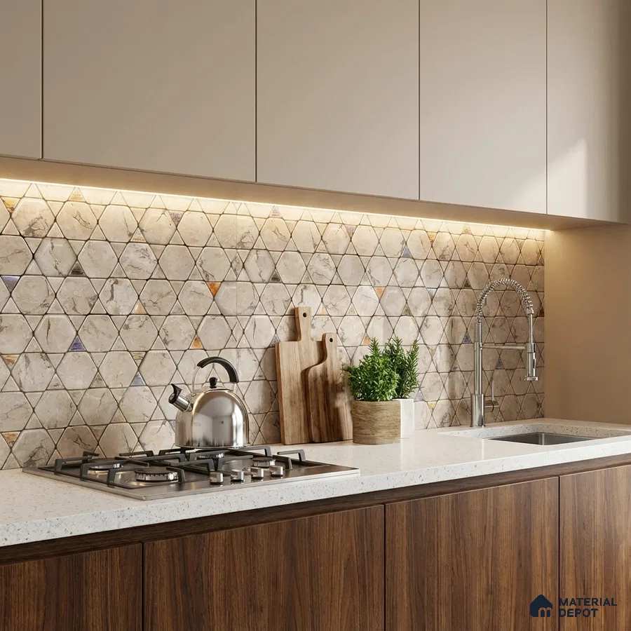 Modern kitchen with geometric stone-look backsplash tile, white quartz countertop, and walnut wood laminate cabinets