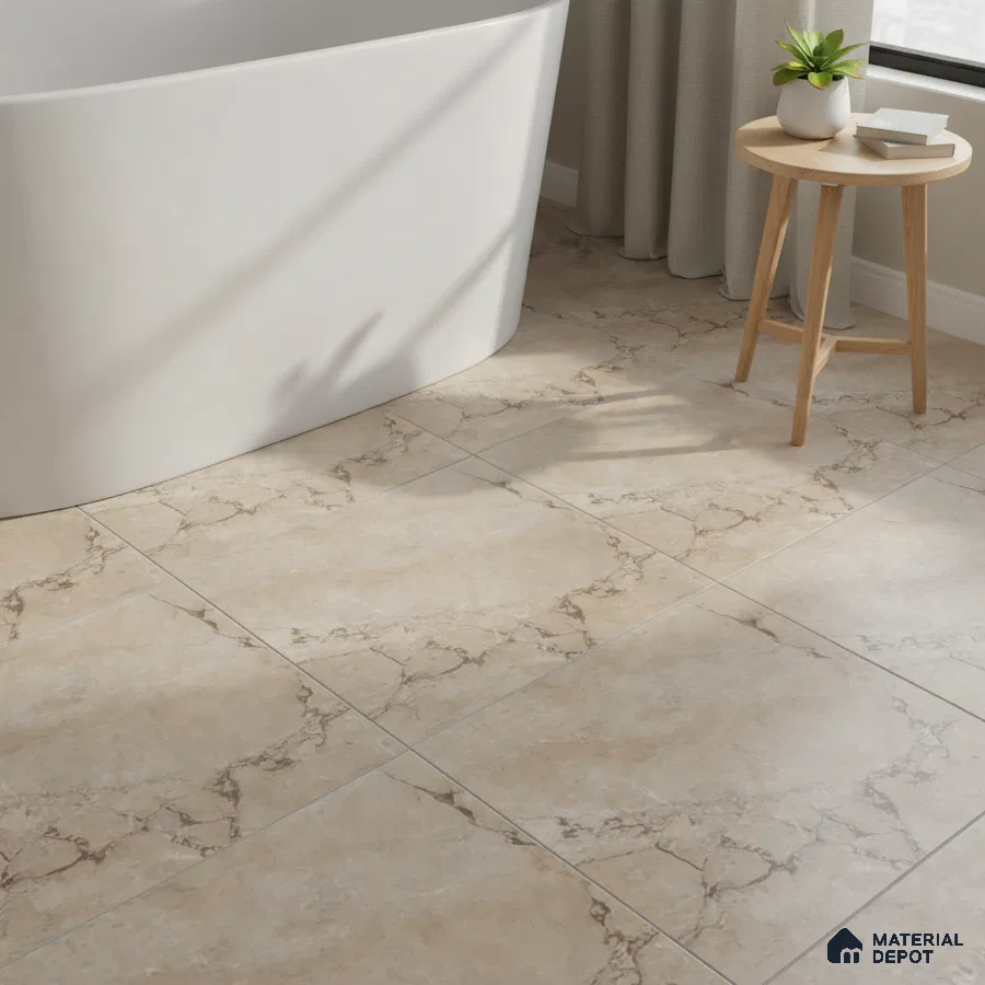 Modern bathroom with beige marble-look floor tiles and freestanding tub