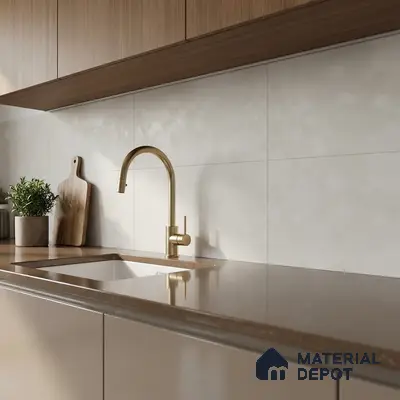 Modern kitchen with taupe quartz countertop, beige glossy laminate cabinets, and light beige backsplash tile