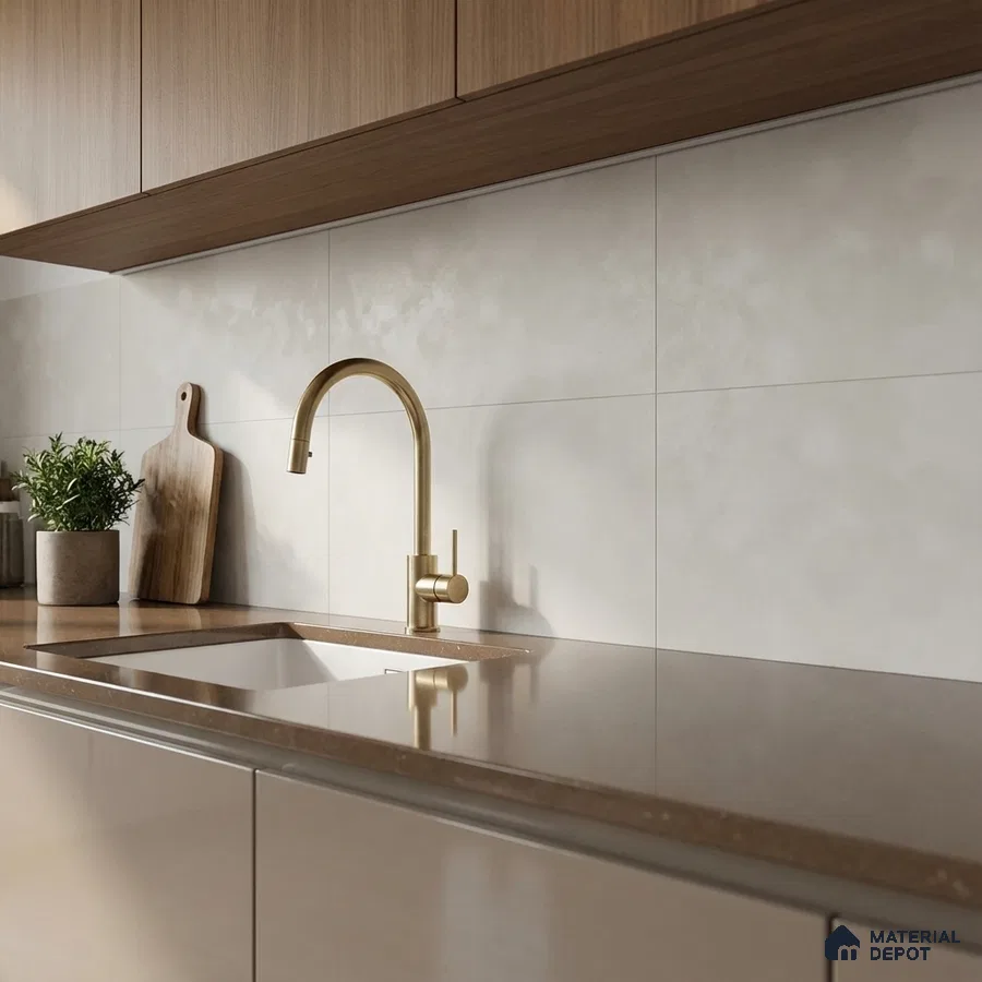 Modern kitchen with taupe quartz countertop, beige glossy laminate cabinets, and light beige backsplash tile