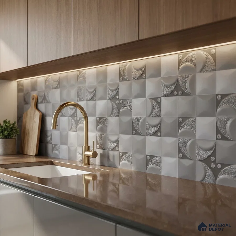 Modern kitchen with geometric 3D grey backsplash tiles and brown quartz countertop