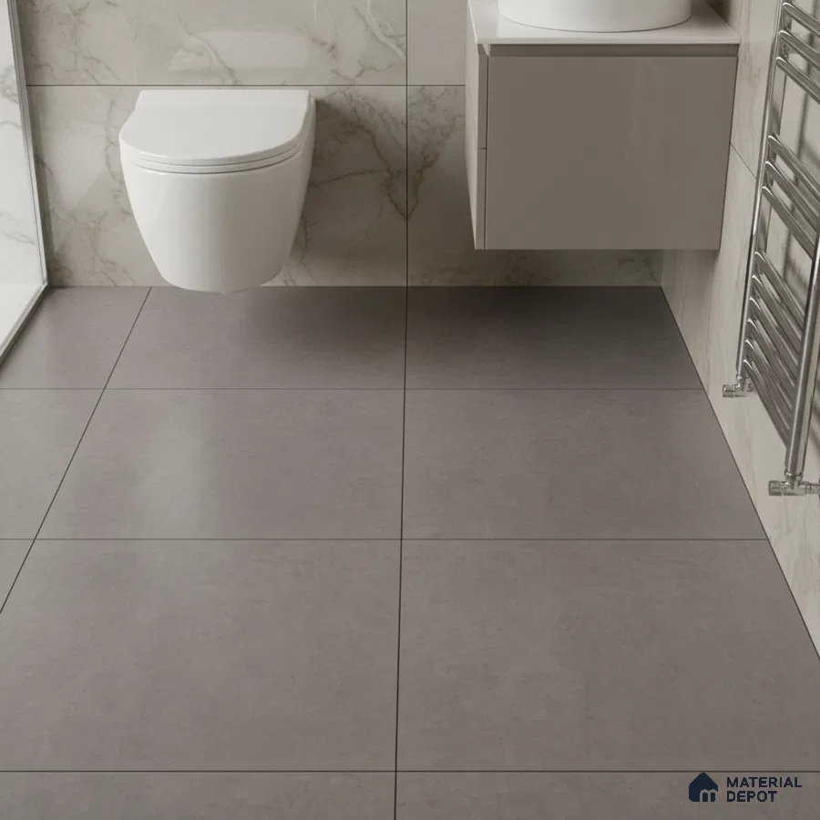 Modern bathroom with marble-look wall tiles and matte grey floor tiles