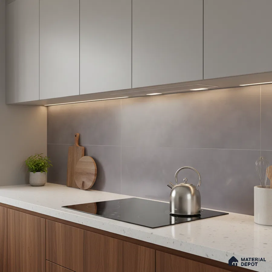 Modern kitchen with walnut wood laminate base cabinets, frosty white laminate wall cabinets, and grey matte backsplash tile