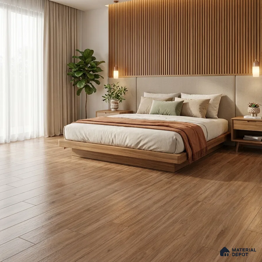 Scandinavian bedroom with oak wood flooring and fluted wood panel accent wall