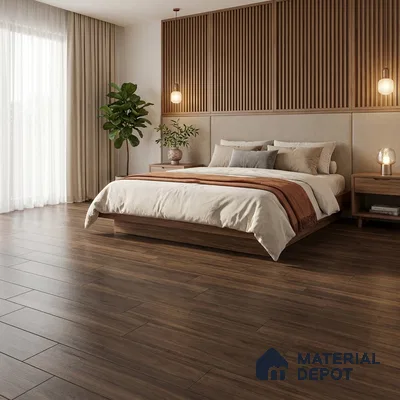Scandinavian bedroom with walnut wood flooring and vertical wood slat wall panels