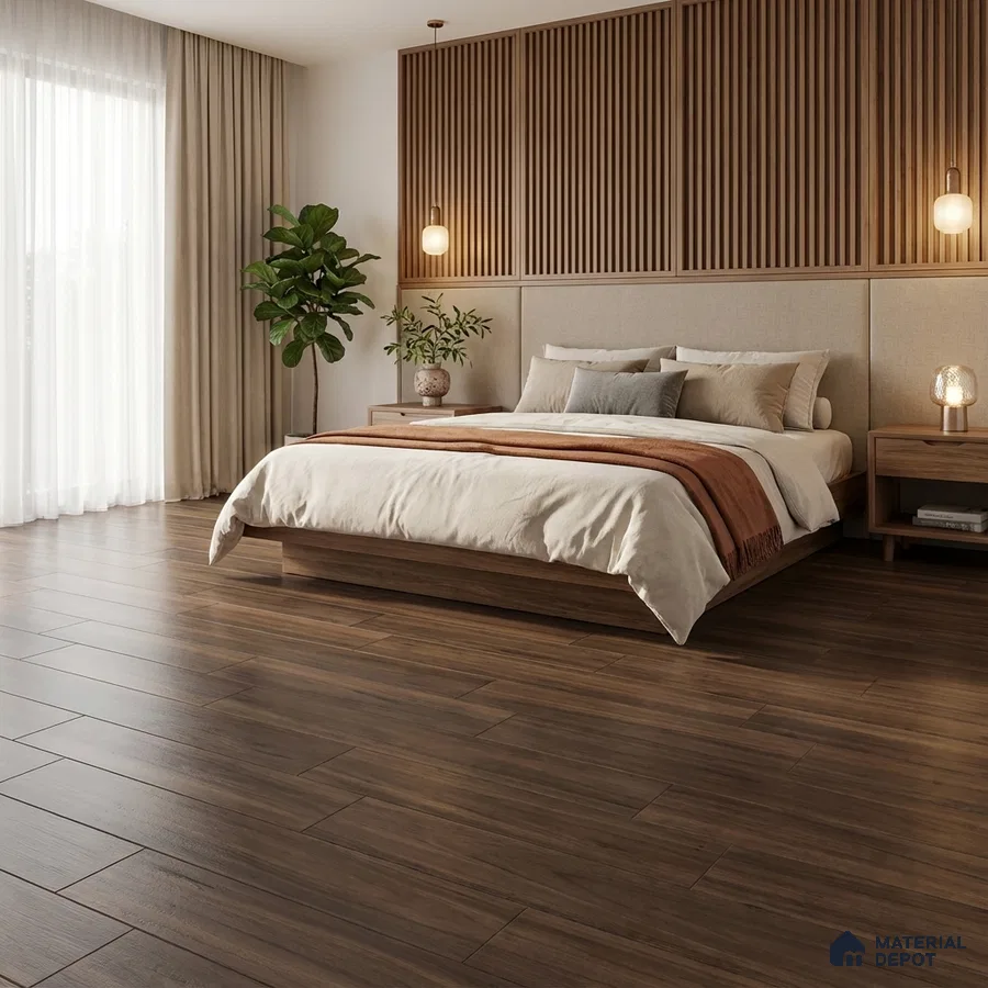Scandinavian bedroom with walnut wood flooring and vertical wood slat wall panels