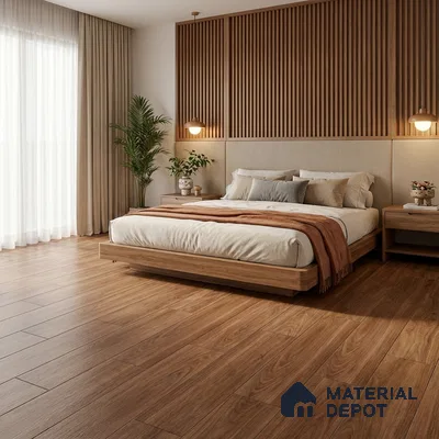 Scandinavian bedroom with oak wood flooring and vertical wood slat wall panels