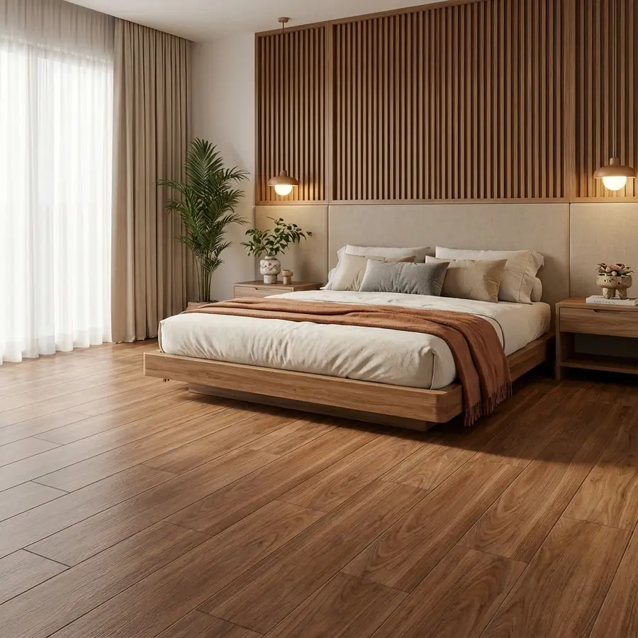 Scandinavian bedroom with oak wood flooring and vertical wood slat wall panels