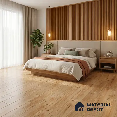 Scandinavian bedroom with oak wood flooring and vertical wood slat accent wall