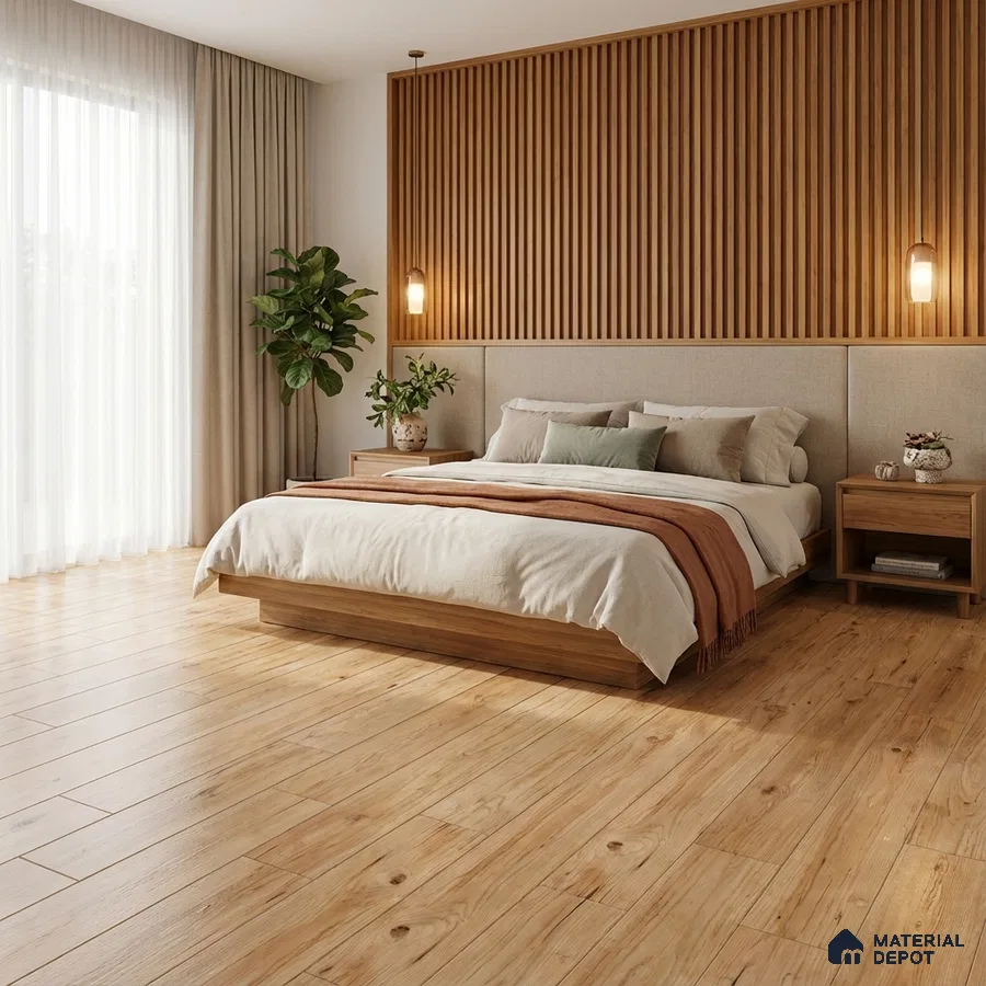 Scandinavian bedroom with oak wood flooring and vertical wood slat accent wall