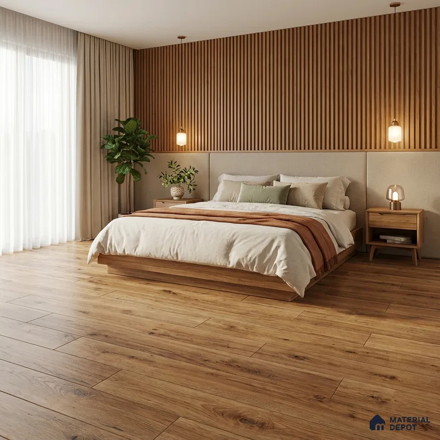 Scandinavian bedroom with oak wood flooring and vertical wood slat accent wall