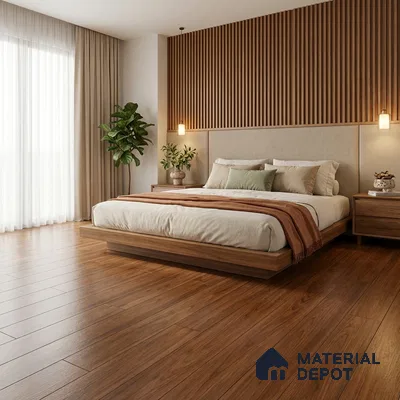 Scandinavian bedroom with walnut wood flooring and fluted wood wall panels