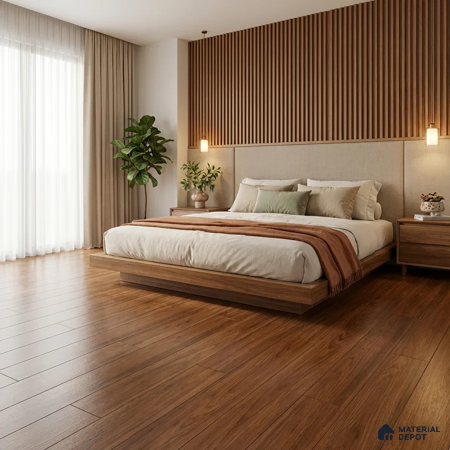 Scandinavian bedroom with walnut wood flooring and fluted wood wall panels