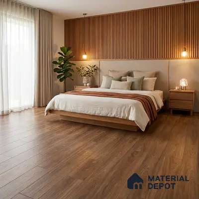 Scandinavian bedroom with oak wood flooring and vertical wood slat wall panels